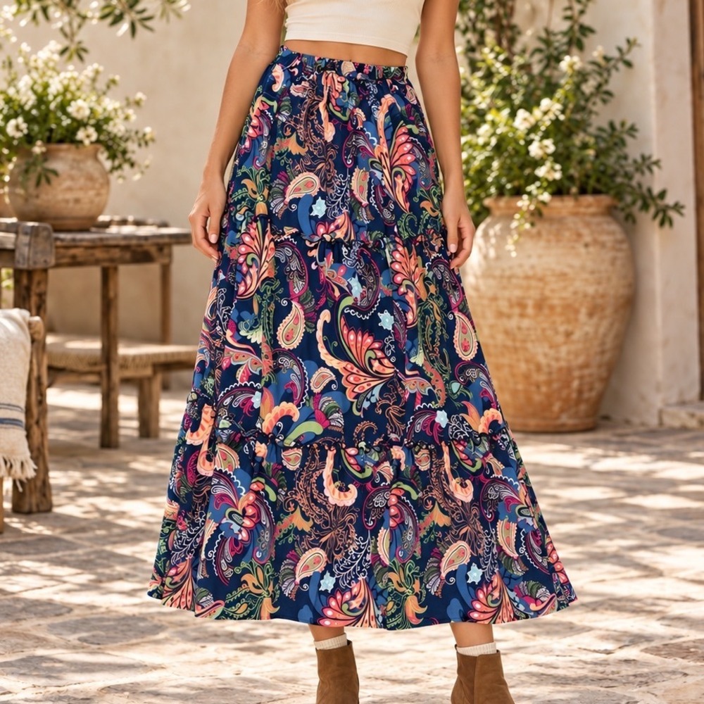 Gypsy Paisley Tiered Maxi Skirt Navy Blue Boho Elastic Waist S Made in USA D5